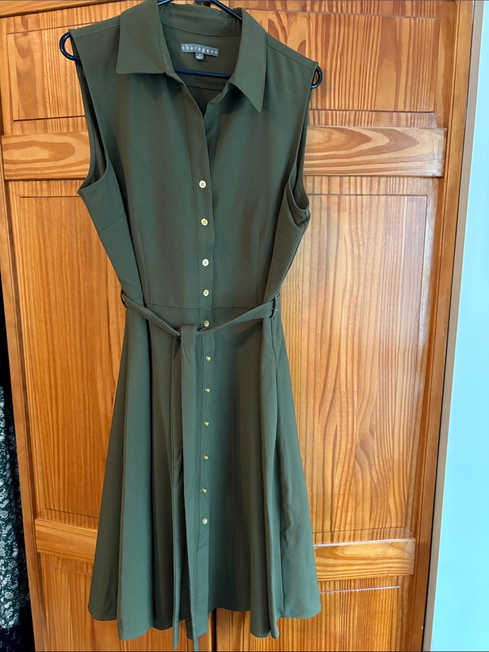 Sharagano Olive Green Sleeveless Shirt Dress with Belt
